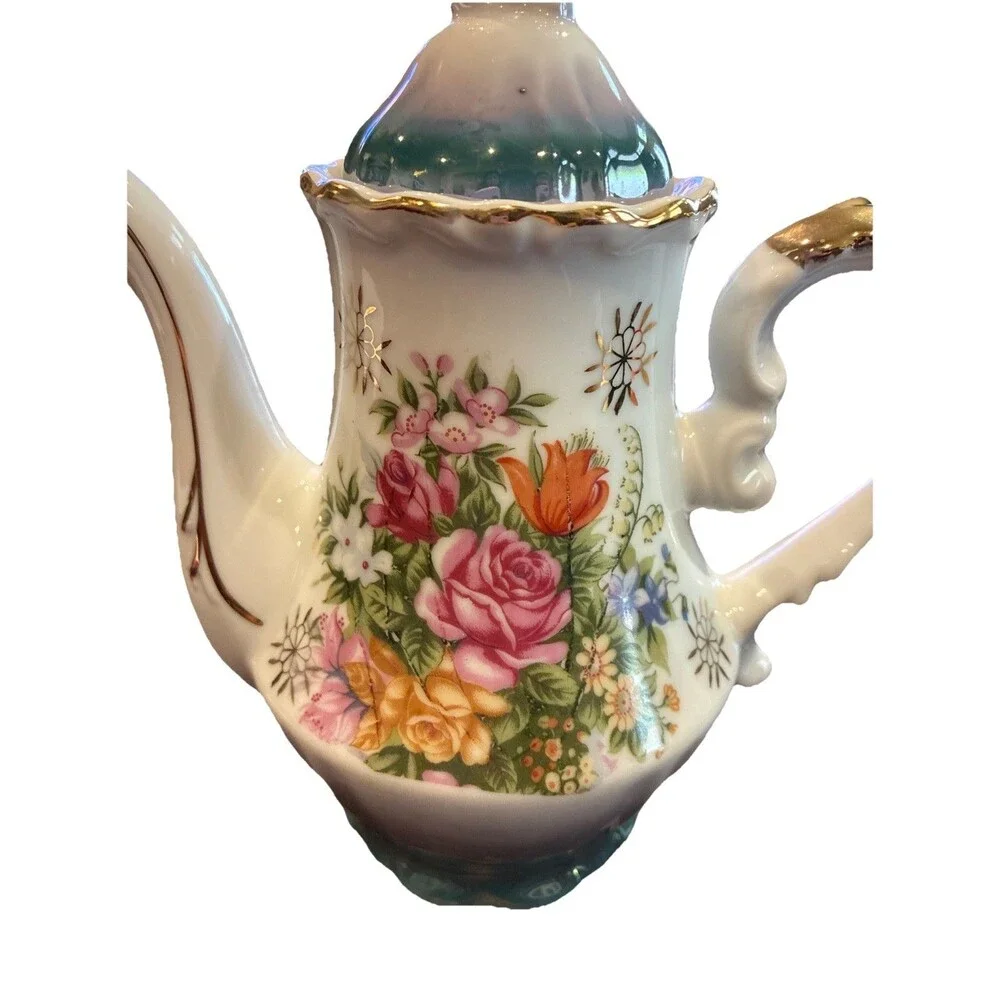 Vintage KPM Japan Floral Porcelain Teapot Gold Trim Coffee Pot Mid Century
